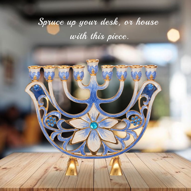Hand-Painted Blue Ivory Menorah with Gold Accents photo 2
