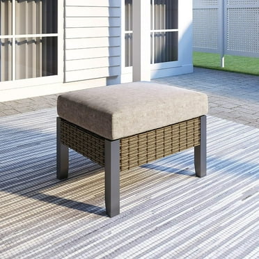 HTYSUPPLY Outdoor Wicker Ottoman Patio Rattan Furniture Metal Footrest Seat Square Footstool with Cushion