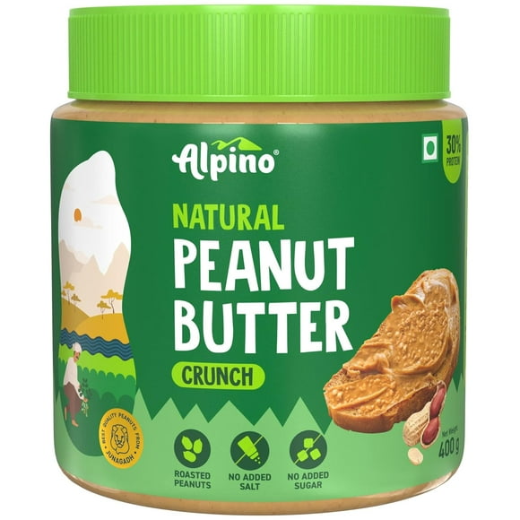 ALPINO Natural Peanut Butter Crunch 400g - 100% Roasted Peanuts - 30g Protein, No Added Sugar & Salt, Gluten Free – Plant Based, Unsweetened Peanut Butter Crunchy