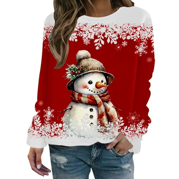 Fiaer Christmas Sweatshirts Women Snowman Snowflake Graphic Long Sleeve Pullovers Plus Size Crew Neck Loose Fit Trendy Tops Red XL