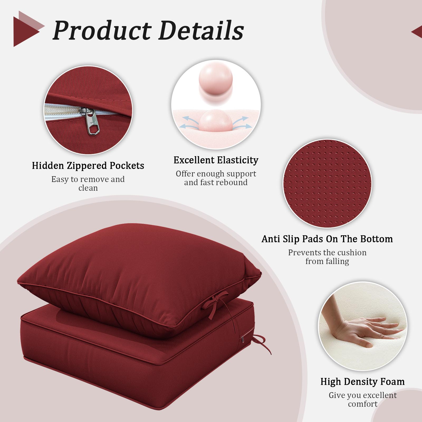 Snubbull Outdoor Deep Seat Cushion Set 24 X 24 X 6.5 inch Splash-Proof & Fadeness Patio Furniture Cushions，Removable Outdoor Couch Cushions with Hidden Zipper & Adjustment Staps, Burgundy