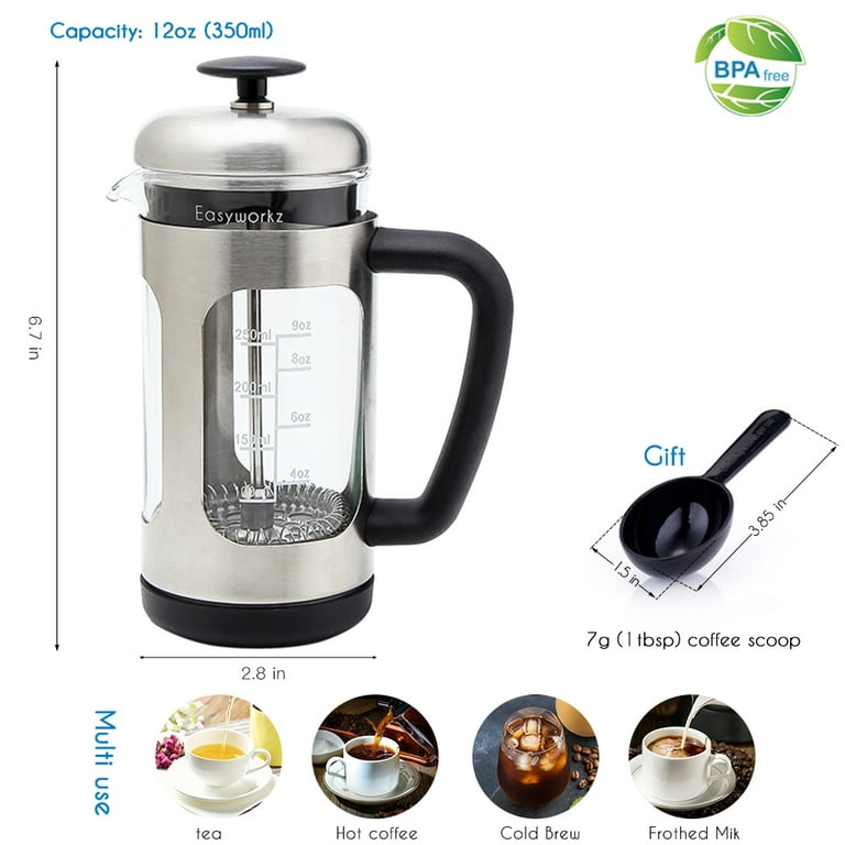 Easyworkz French Press 12 oz Coffee Tea Maker with Borosilicate Glass,Soft Grip Handle