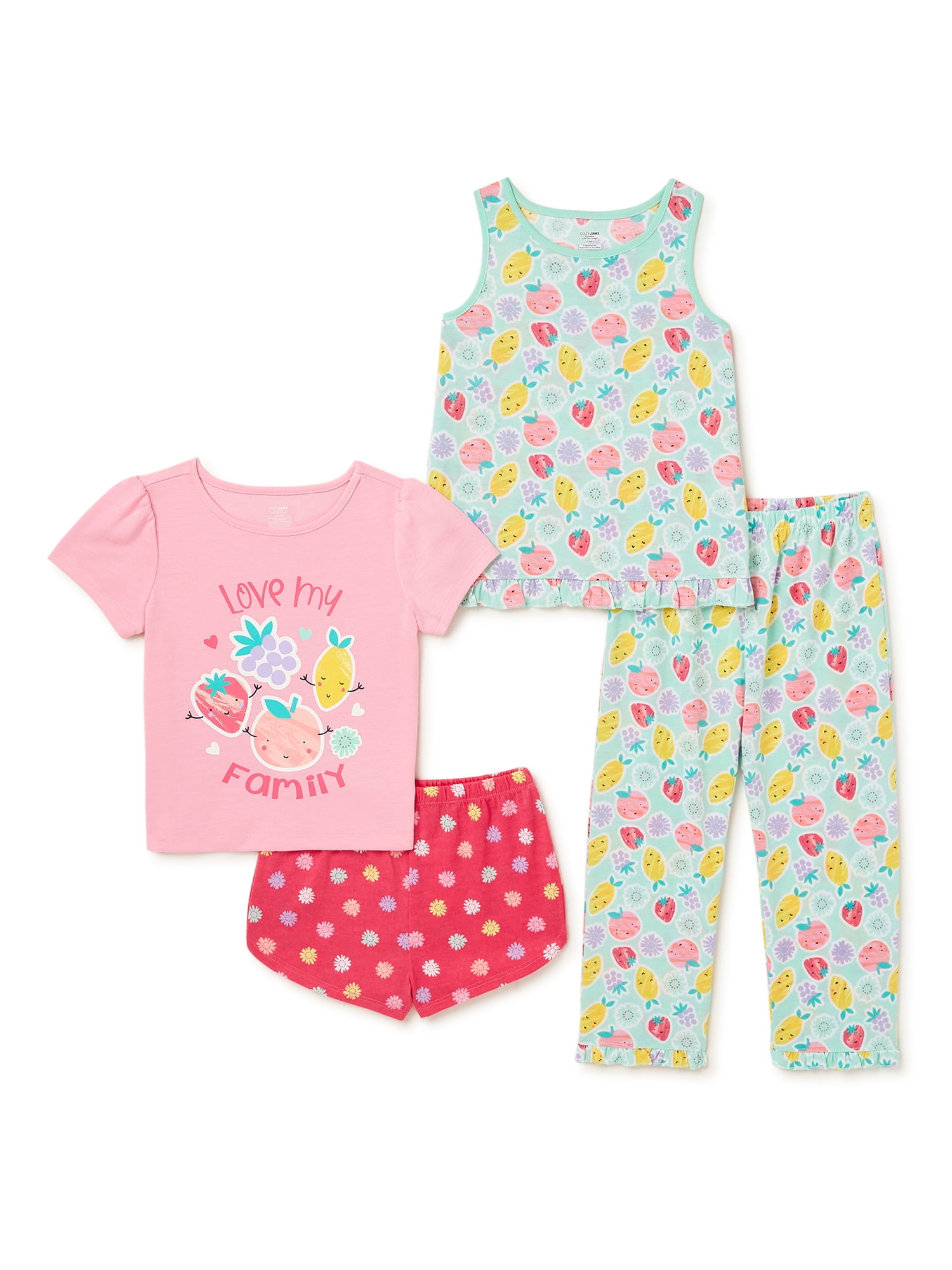 Cozy Jams Baby & Toddler Girls Pajama Tops, Tank, Shorts and Pants, 4-Piece Sleep Set, Sizes 12M-5T