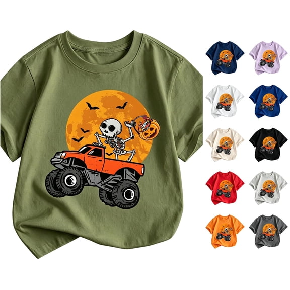 WERYOUNG Toddler Kids Halloween Shirt Boys Skeleton Pumpkin Print Short Sleeve Crewneck T Shirt Loose Fit Fashionable Tees Versatile Top 2-3 Years