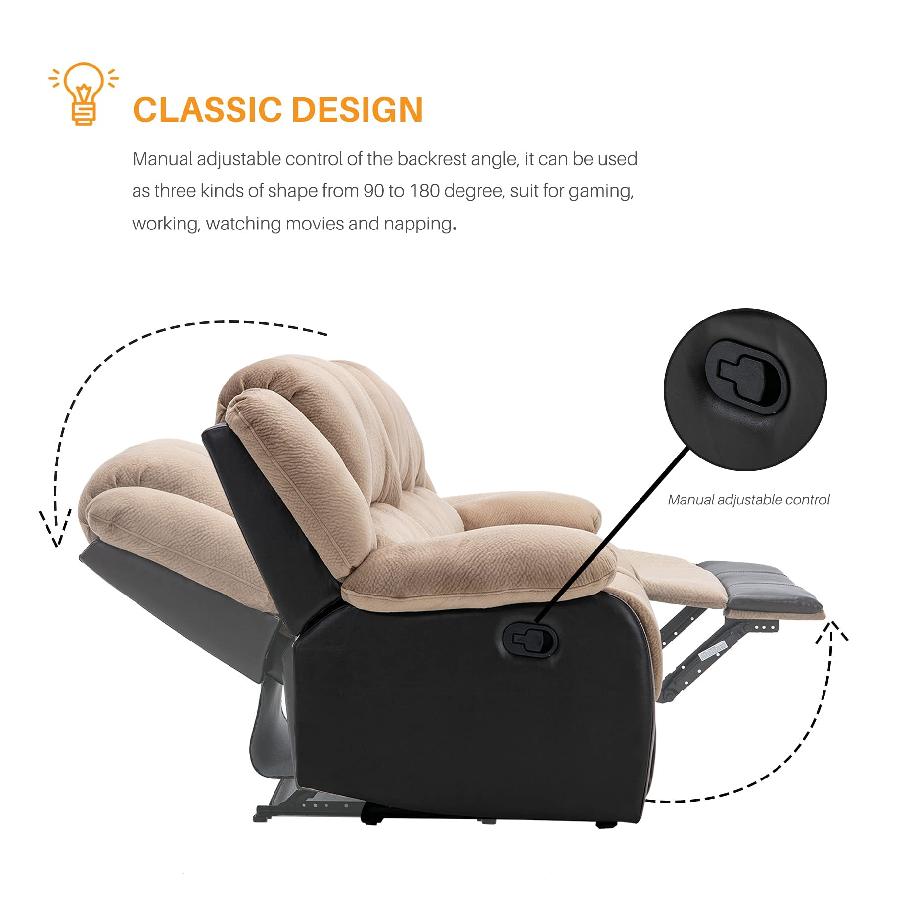 Nathaniel Home Champion Manual Double Reclining Sofa, PU Leather Upholstered 3-Seat Couch, Tufted Recliner, Plush Scoop Seating, for Living Room Home Theater, Beige Adult