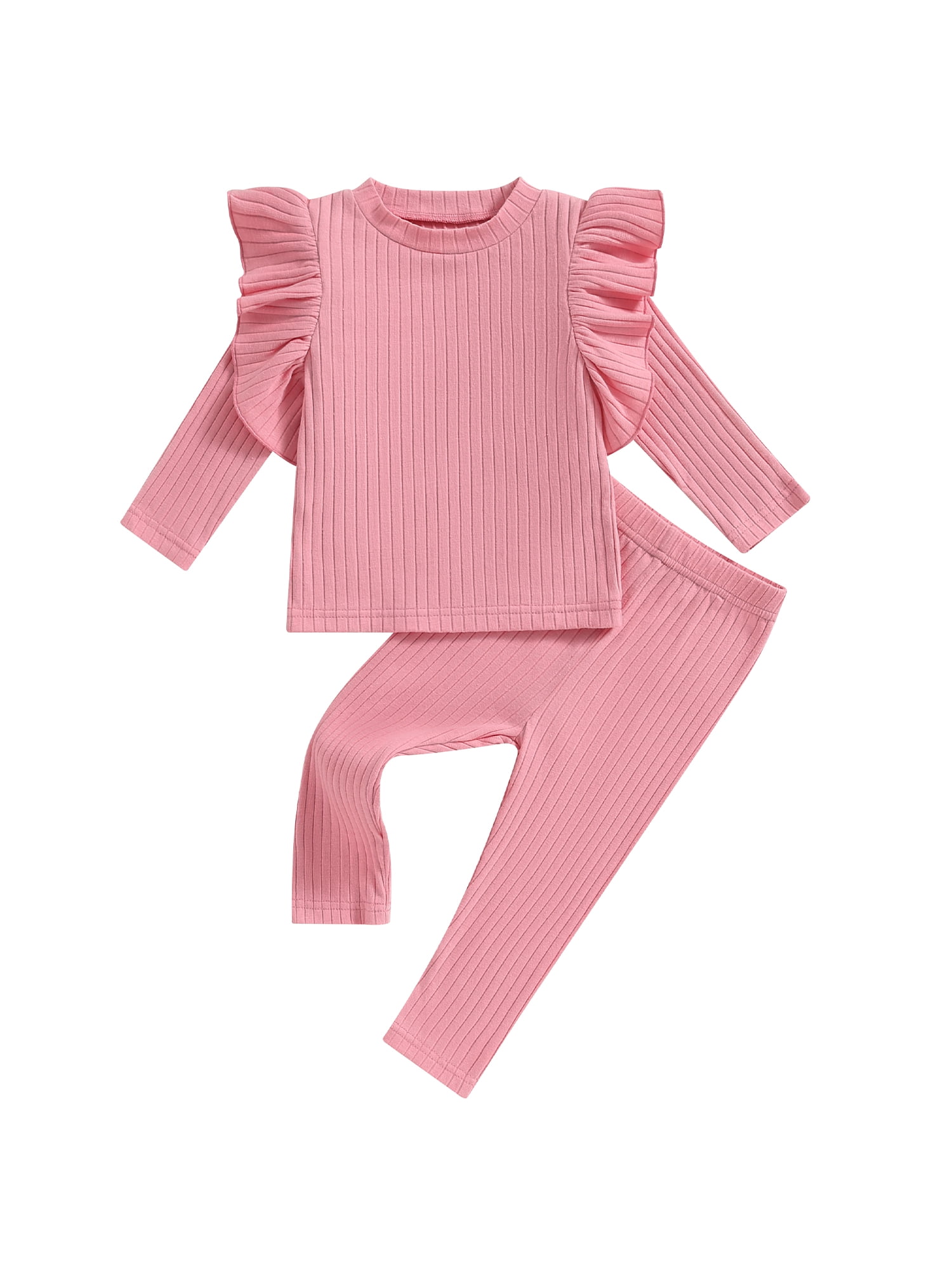 Wassery Infant Girls 2 Piece Fall Clothes Solid Color Long Sleeve Ruffles Ribbed Tops and