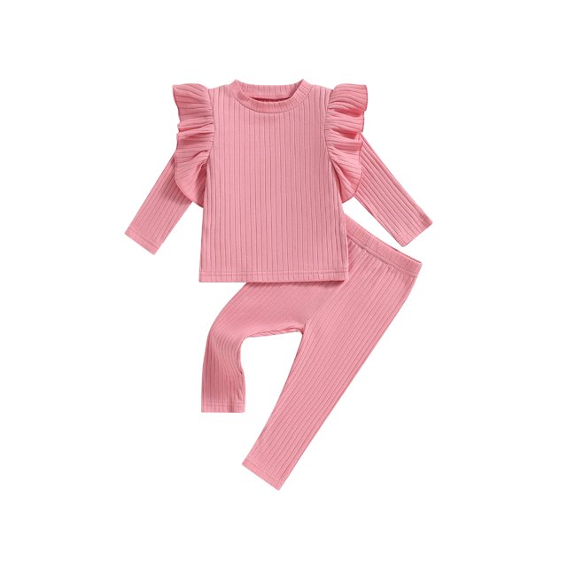 xiaxaixu Infant Baby Girl Fall Clothes Solid Ribbed Ruffled Long Sleeve Tops Pants Set Casual 2 Pcs Outfit