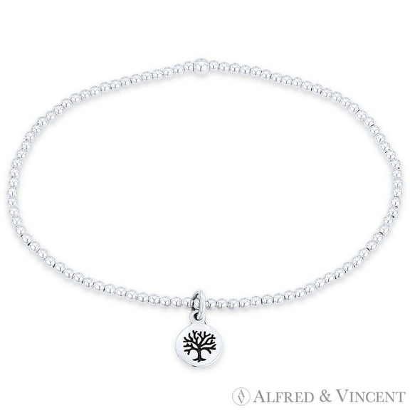 Tree-of-Life Religious Charm & Polished Ball Bead Stretch Bracelet in .925 Sterling Silver