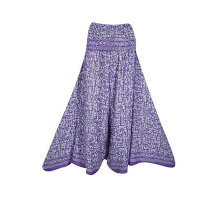 - Mogul Womens Palazzo Divided Skirt Printed Gypsy Vintage Recycled Silk Sari Smocked High Waist Split Skirts S/M