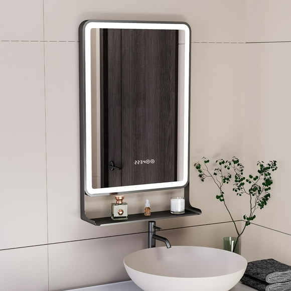 Miroir à DEL Ecoway Aurora, Miroir de salle de bain éclairé monté au mur avec lumière réglable, anti-buée et horloge