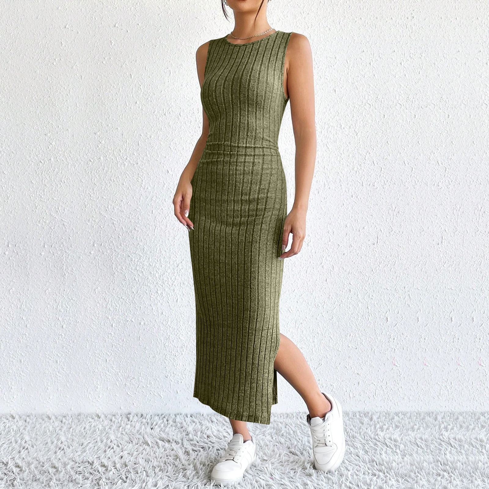 Feancey Women Sweater Dress Set Knit Bodycon Dresses & Long Cardigan 2  Piece Outfits Fall Sleeveless Slit Maxi Dresses Army Green XL - Walmart.com