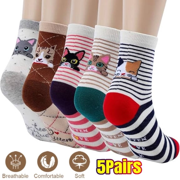 5-Pairs Funny Cat Face Socks Breathable Cotton Novelty Gift Socks for Women Cat Lovers