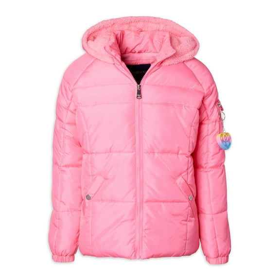 Limited Too Girls Solid Puffer Coat with Sherpa Fleece Lined Hood and Pop It Keychain, Sizes 4-16