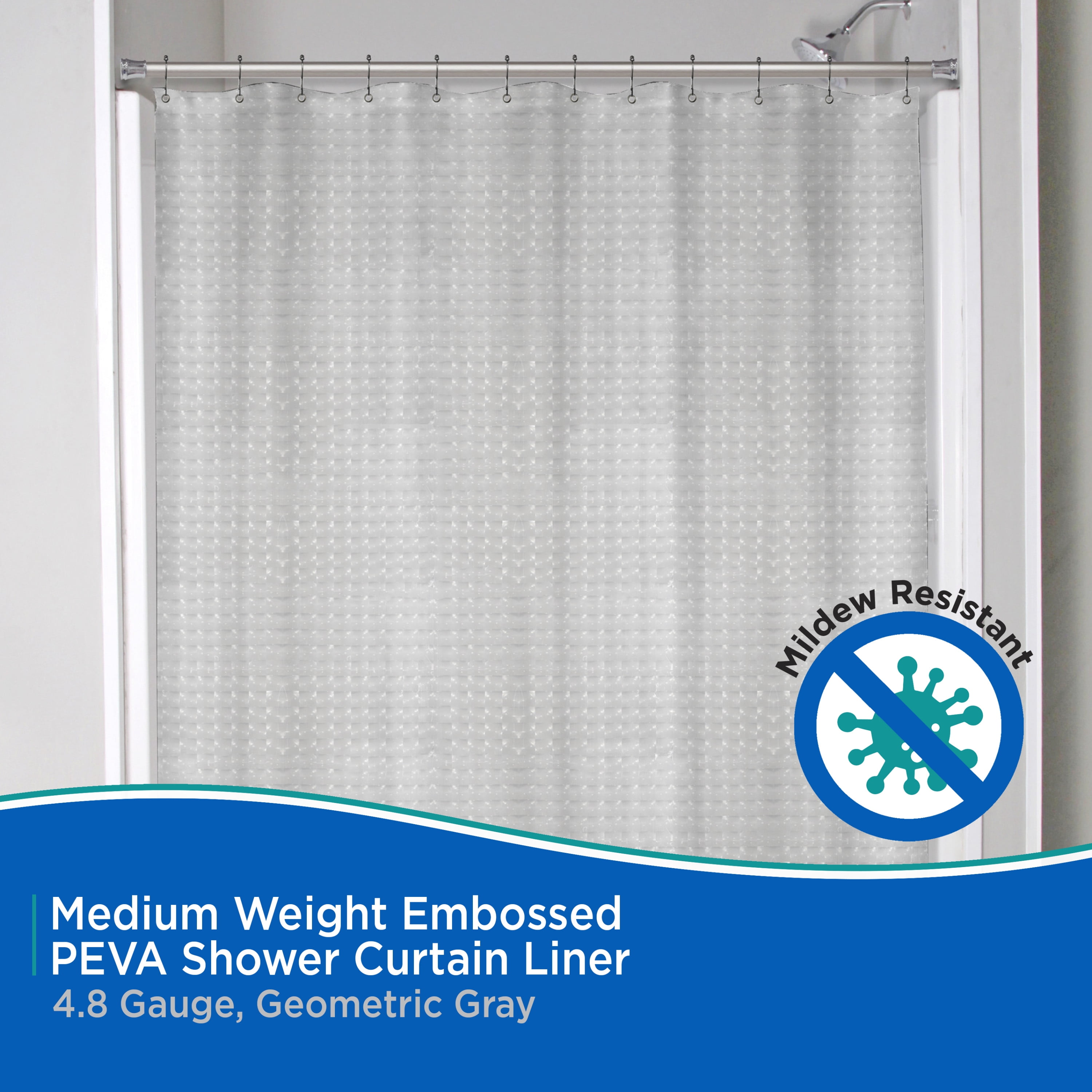 Kenney Medium Weight Embossed PEVA Shower Curtain Liner, 70" W x 72" H, Smoke