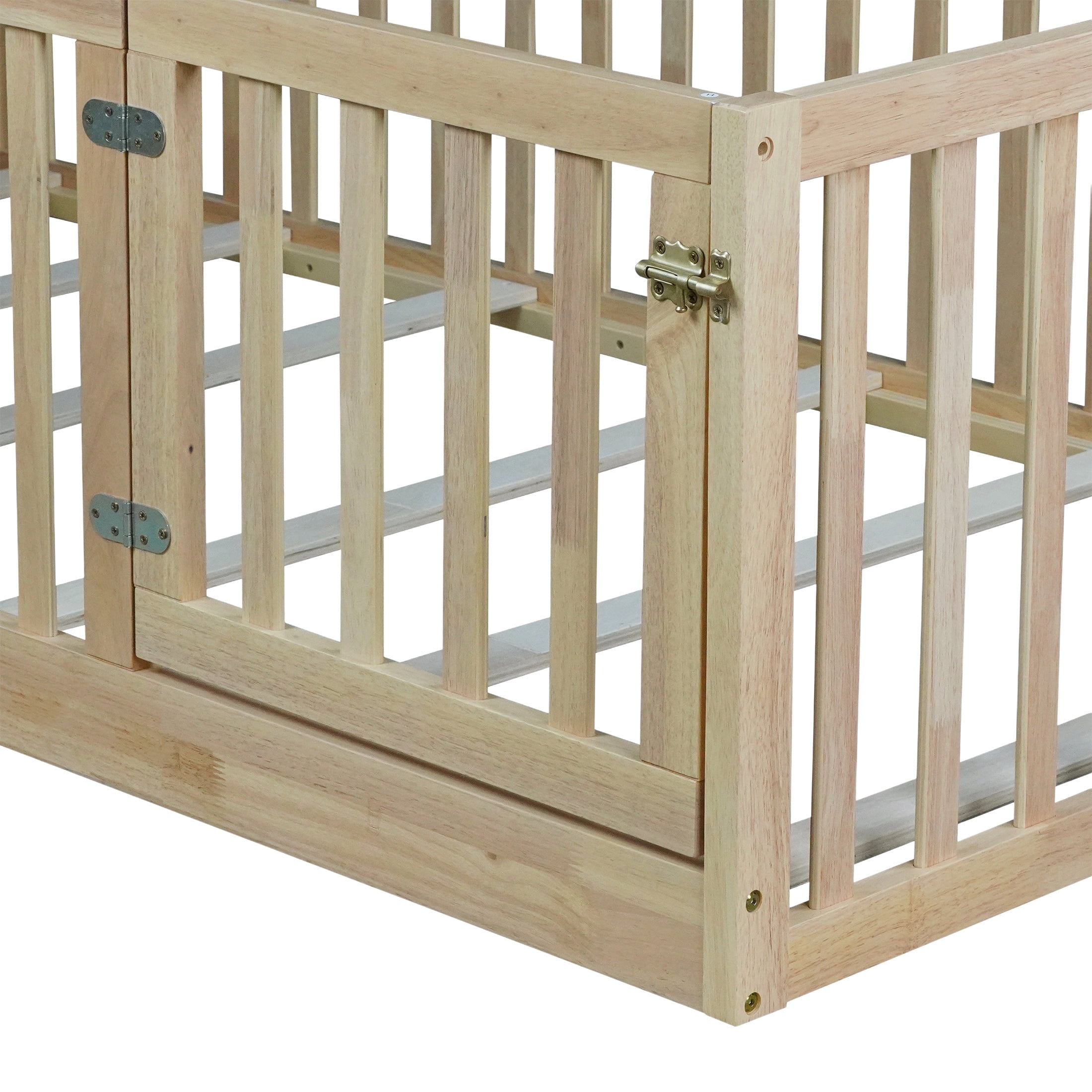 PORKISS Twin Size Floor Bed with Door and Fence, Twin Size Bed Frame with Bed Slats, Sturdy Wood Floor Bed for Kids, Boys, Girls, Montessori Bed Frame, Natural