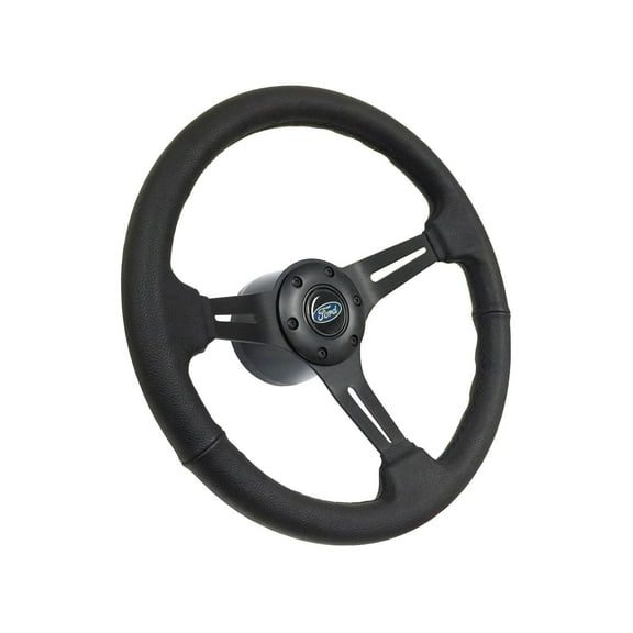 1984-2004 Mustang Fox Body; VSW 6 Bolt Genuine Leather Steering Wheel Black Kit, Blue Oval Emblem