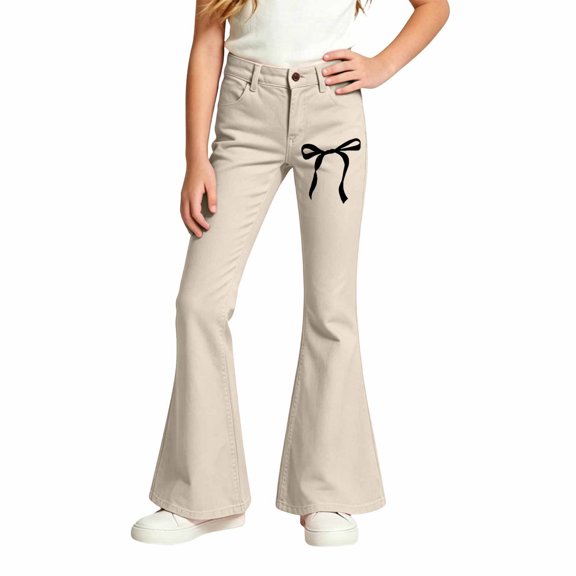 Landzoo Girls Flared Pants Bowknot Graphic Slim Fit High Waisted Fall Casual Kid Girls Trousers
