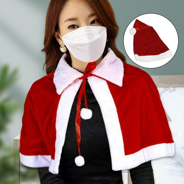 Capa de rojo, mantón de vestir para adultos con bolas de felpa con cordones, capa de Navidad, para fiesta, cosplay, disfraces de con sombrero Hugo capa capa
