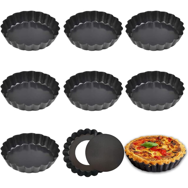 Molde para tartaletas de 10 cm, mini molde para tartaletas de 8 piezas, molde para quiche reutilizable, moldes para tartas con fondo elevable para hornear pasteles y postres
