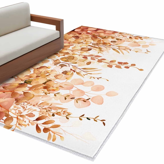 Orange Eucalyptus Leaves Large Area Rugs for Bedroom Living Room, Non Slip Carpet Bedside Rug, Spring Floral Summer Botanical Rectangular Floor Cover Kitchen Accent Rug 3'x5' for Dining Room/Office