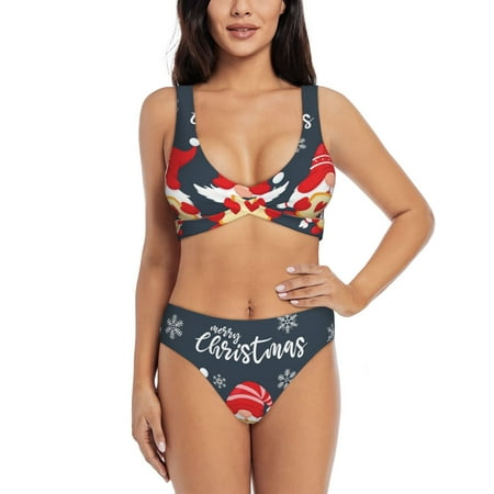Zeuib Three Cute Christmas Gnomes High Waisted Tummy Control Bikini Set - Knot Front Push Up Top & Cheeky Thong Bottom  Two-Piece Swimsuit for Women-X-Large