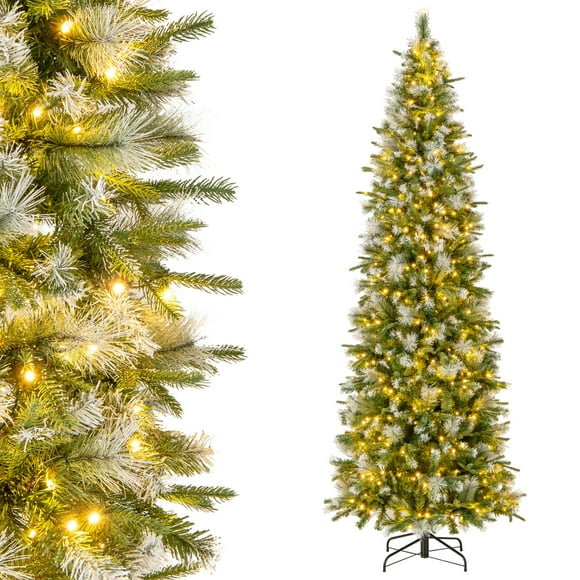Patiojoy 9 FT Artificial Christmas Tree Pre-lit Pencil Xmas Tree with 1228 Branch Tips 470 Warm-White LED Lights Snow Flocked Frosted Leaves