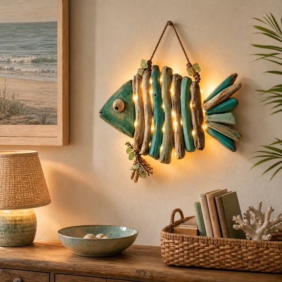Driftwood Fish Wall Decor, Nautical Wooden Fish Hanging Ornament, Beach Style Wall Art for Home, Bedroom, Living Room, Bathroom, Office and Coastal Decor​