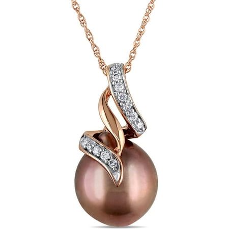 9.5-10mm Brown Round Tahitian Pearl and Diamond Accent 10kt Pink Gold Swirl Pendant, 17