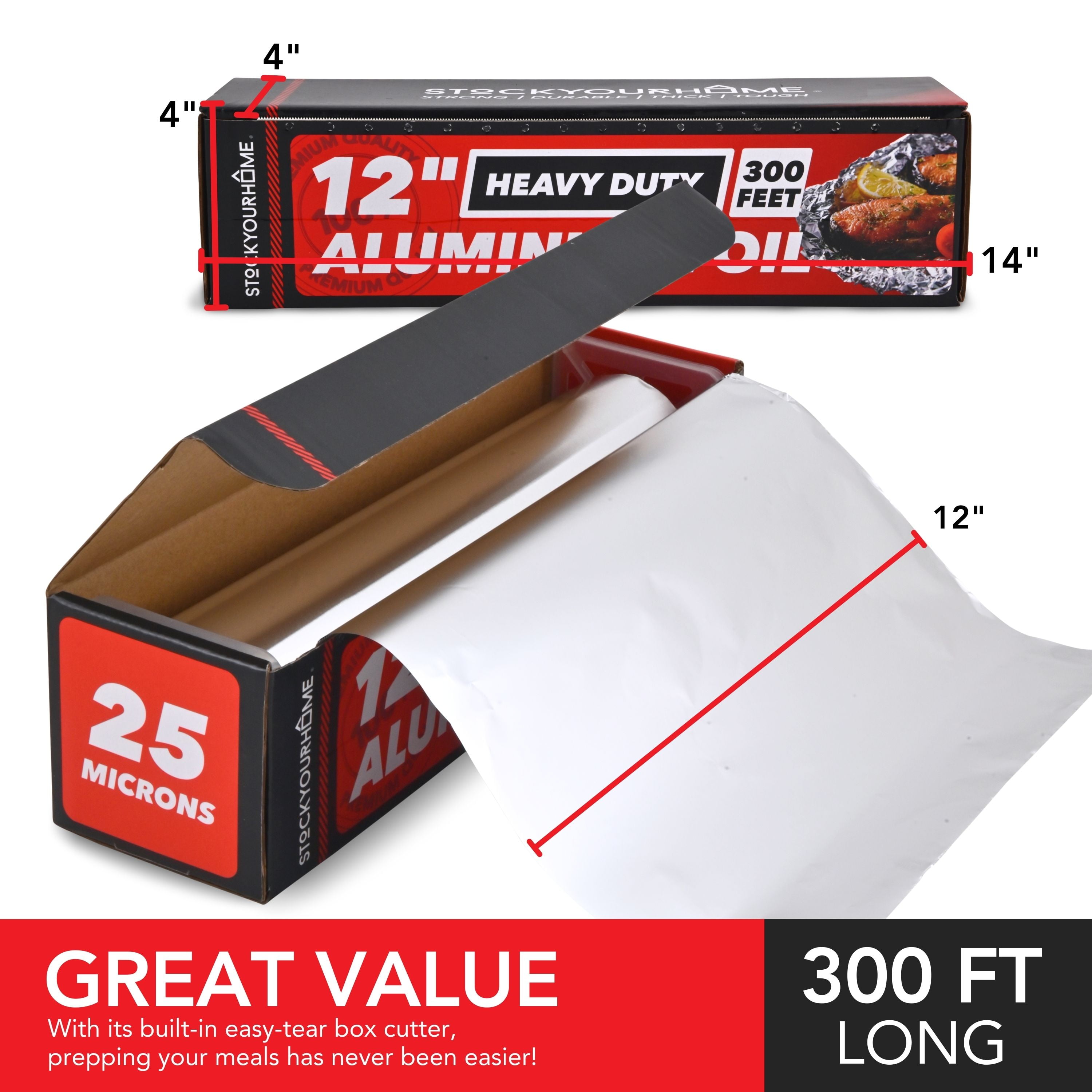 Stock Your Home Heavy Duty Aluminum Foil Roll, 300 FT x 12 Inches Wide Aluminum Foil Heavy Duty Rolls, Heavy Duty Foil with Easy Tear Dispenser, Premium Tinfoil Roll to Wrap & Store Food