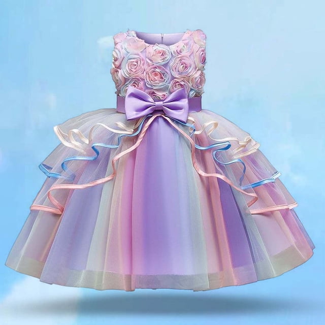 Robes pour Filles Robe Rose Brodée pour Petites Filles Superposée Transparente Robe de Fête pour Tout-Petits et Enfants pour Concours