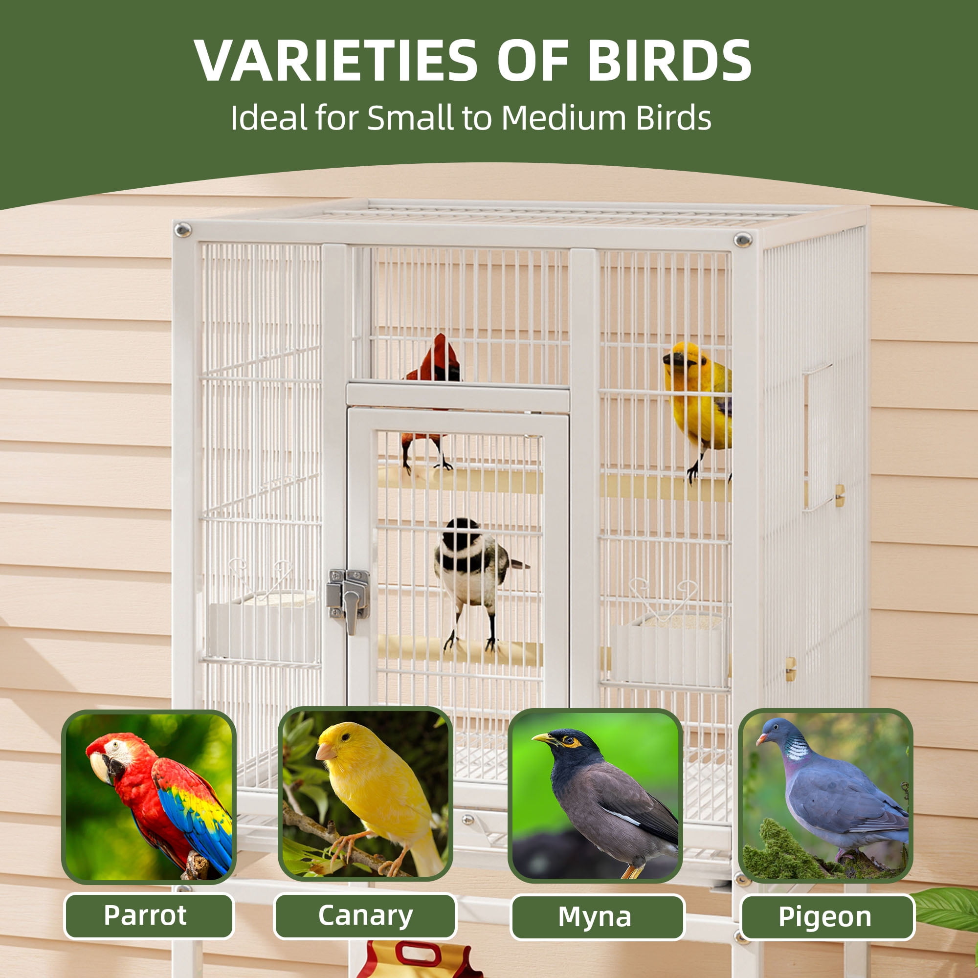 Uforic 41" Metal Birdcage with Rolling Stand and Castor Wheels, Large Parrot Cage with 2 Perches and 2 Feeders, Spacious Storage Tray, White
