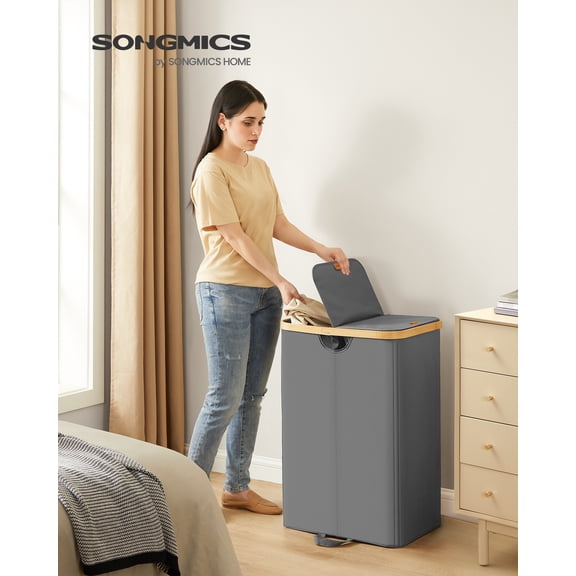 Laundry Hamper with 2 Lids, 39 Gal Dual Compartment Basket with Removable Liners, for Laundry Room Bedroom Living Room, Slate Gray & Bamboo