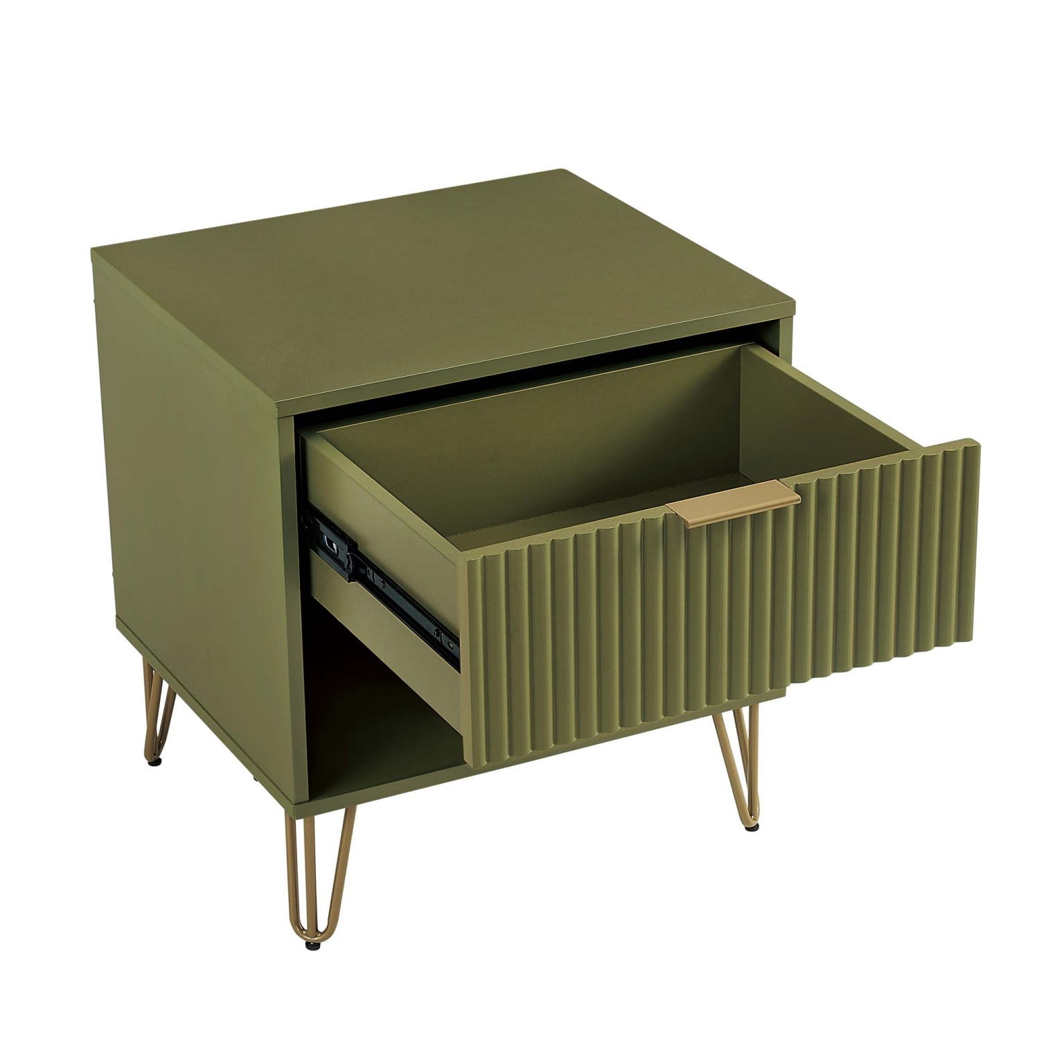 Nightstand, Modern Glam Bedside Table with 1 Drawer, Vertical Ribbed Texture, Gold Handle and Splayed Metal Legs, Storage End Table for Bedroom Living Room, Olive Green