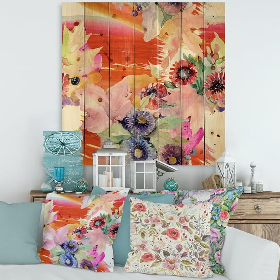 Designart 'Wildflowers and Vibrant Wild Spring Leaves VII' Modern Print on Natural Pine Wood