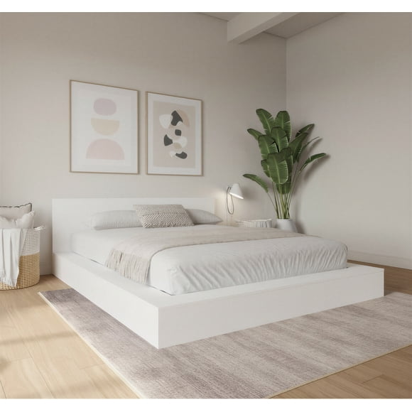 Nexera Kanso Low Profile Queen Platform Bed with Headboard, White Oak