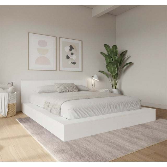 Nexera Kanso Low Profile Queen Platform Bed with Headboard, White Oak