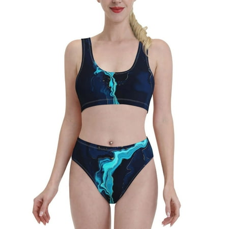 Daiia Blue Marble And Gold Women S Bikini Swimsuit Two Piece Swimsuit High Waisted Slim Fit High Leg Spaghetti Straps Bathing Suit- Large