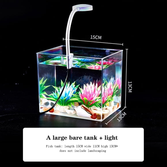 Kits de Démarrage d'Aquarium 1 L Transparents PS Bac à Poissons avec Lumière 3 W Bac d'Aquarium Rectangulaire pour Betta