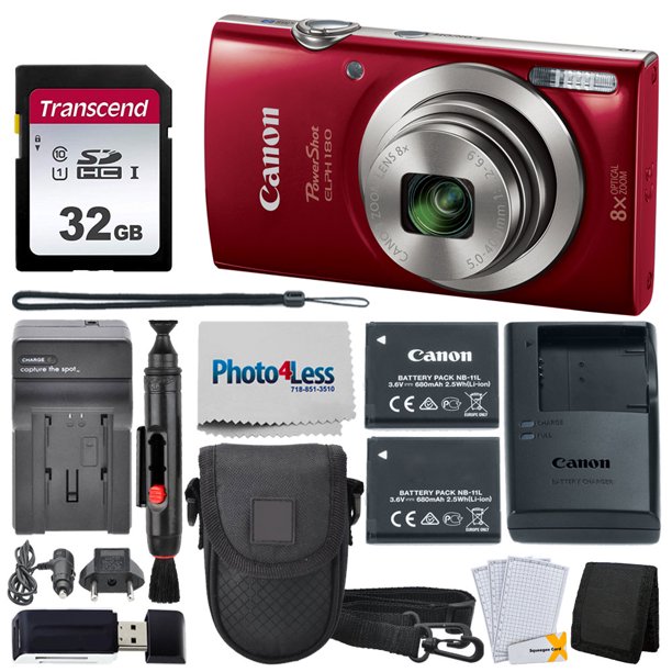 Canon PowerShot ELPH 180 Digital Camera (Red) + 32GB Card + Battery