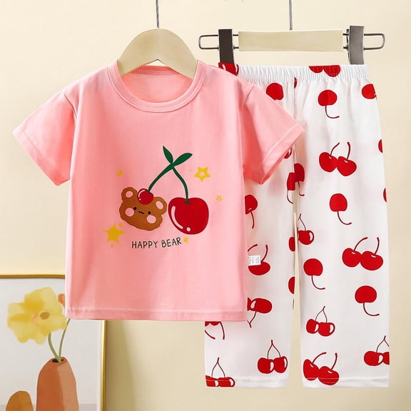 DAETIROS Girls Cotton PJS Set 100% Soft Cherry Bear Print Short Sleeve Top & Capri Pants for, Multicolor, Sizes 80-140,Size 5-6T