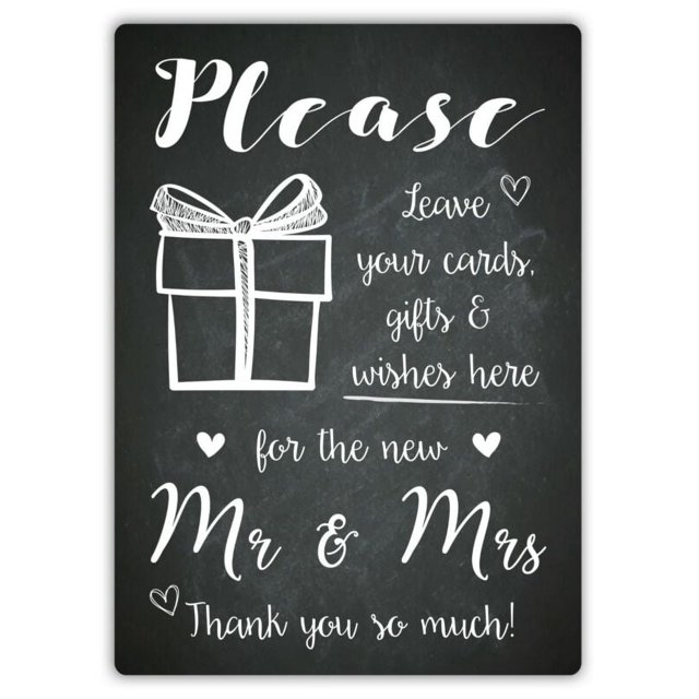 Tamaño: 8 x 12 pulgadas Letrero de pared de metal Deje tarjetas Regalos Deseos para el nuevo Sr. Sra. Boda