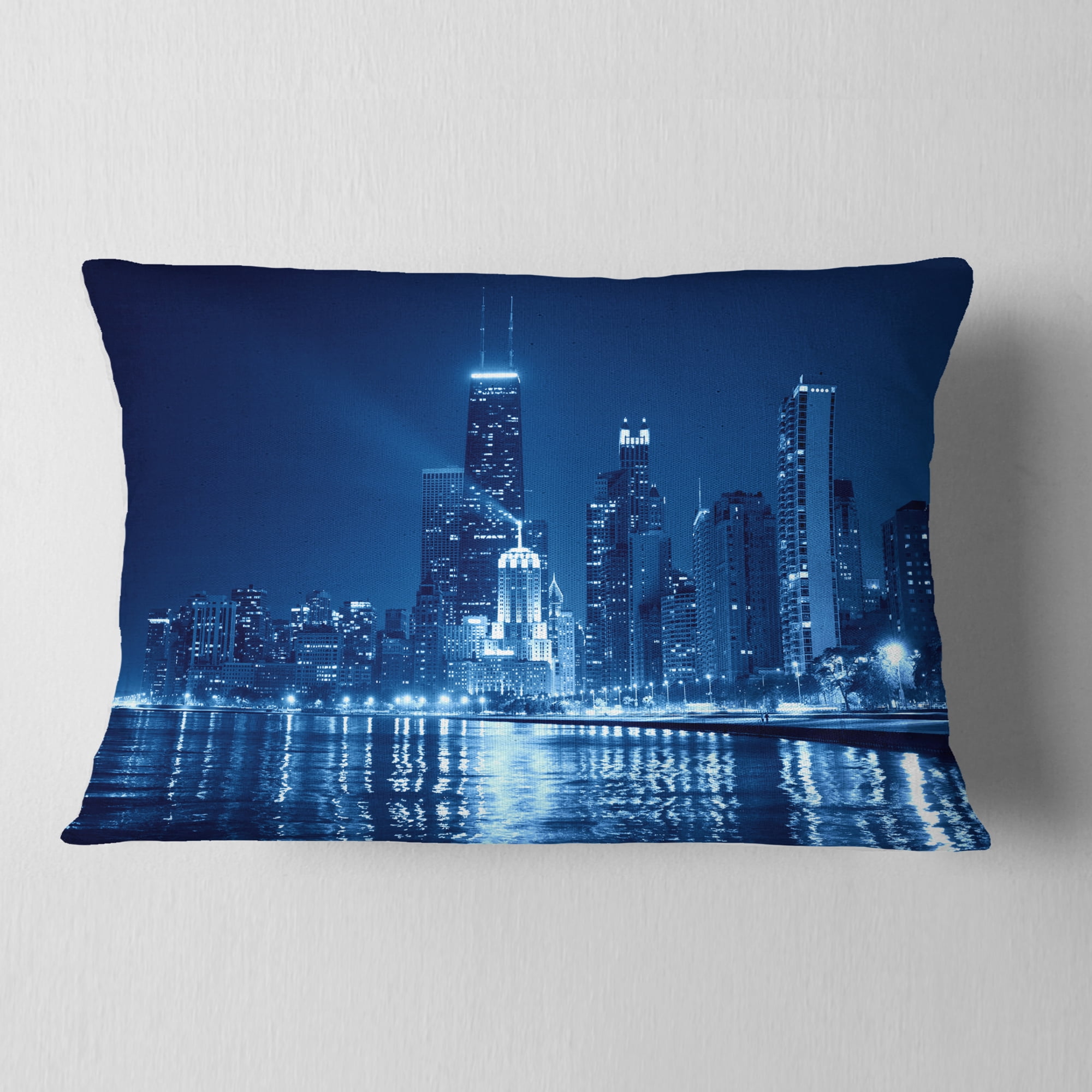 Designart Blue Chicago Skyline Night - Cityscape Photo Throw Pillow - 12x20