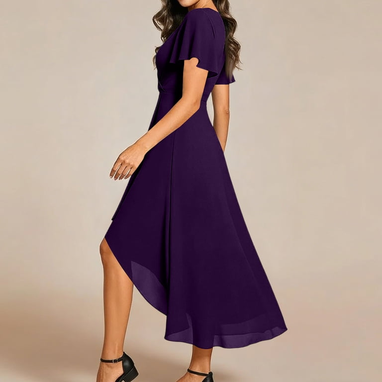 Chiffon Dress for Womens Short Sleeve Midi Dress Flowy A-Line V Neck Wrap Dress Evening Party Wedding Guest Cocktail Dresses Purple 2XL