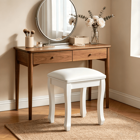 Organizedlife Vanity Stool with Upholstered Seat, Solid Wooden Legs for Makeup Room, Living Room, White