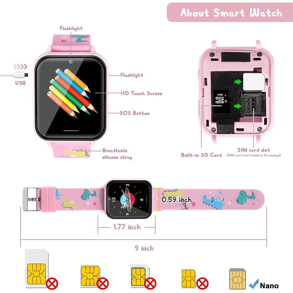 Kids Smart Watch 2G 1.54 inch Pink ABS Case with Pink Rubber Band