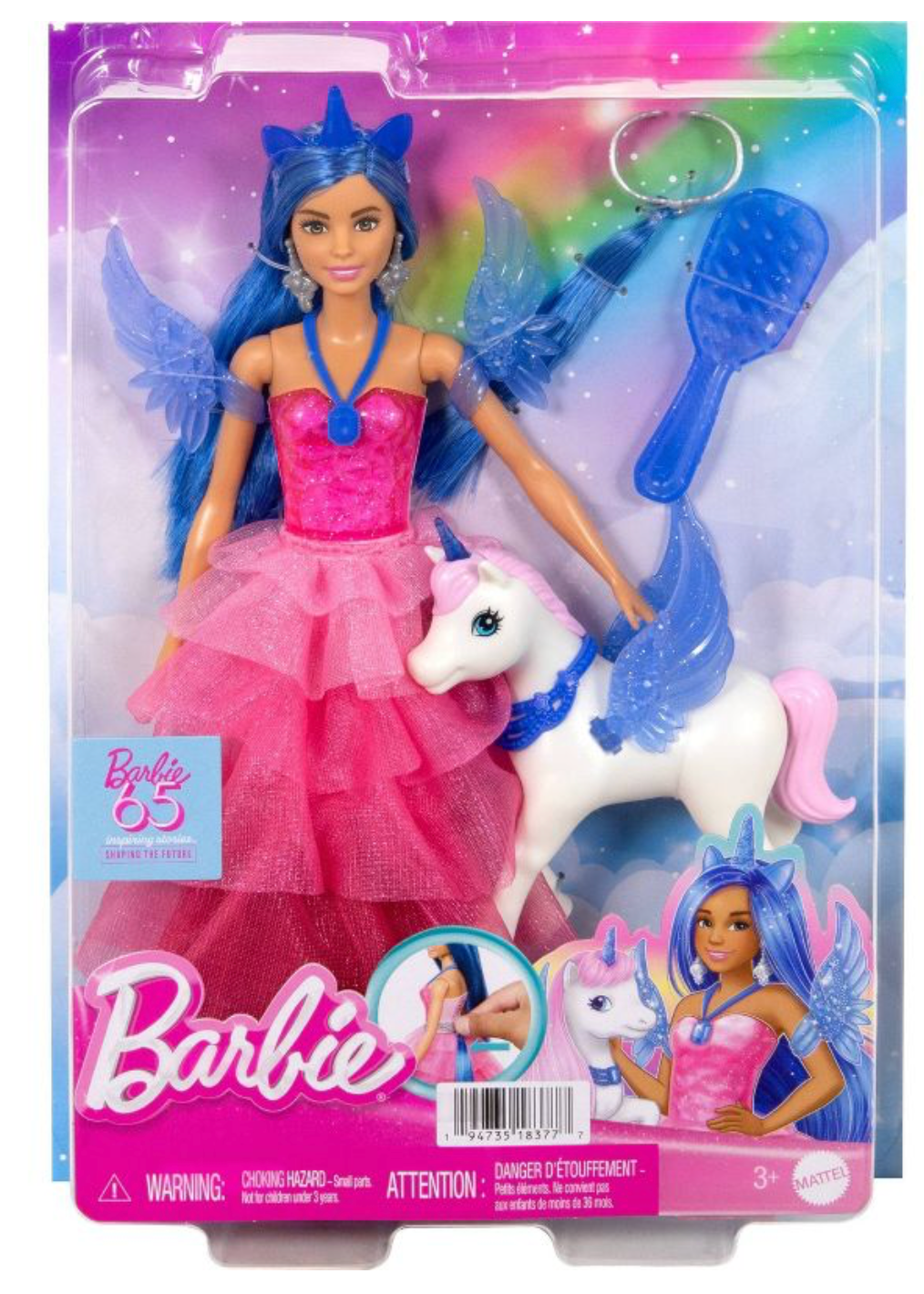 Mattel Barbie 65 Barbie Doll with Alicorn, Blue/Pink