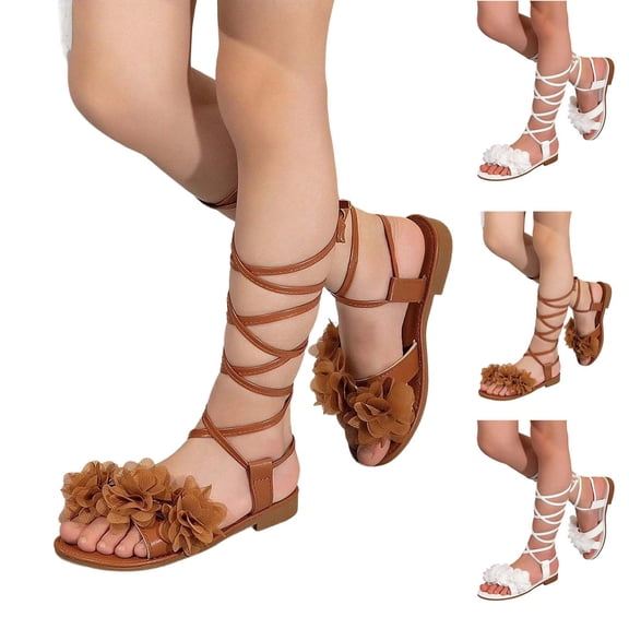 Asxite Toddler Sandals Strappy Open Toe Mesh Petal Lace Up for Girls Shoes 5-13 Y
