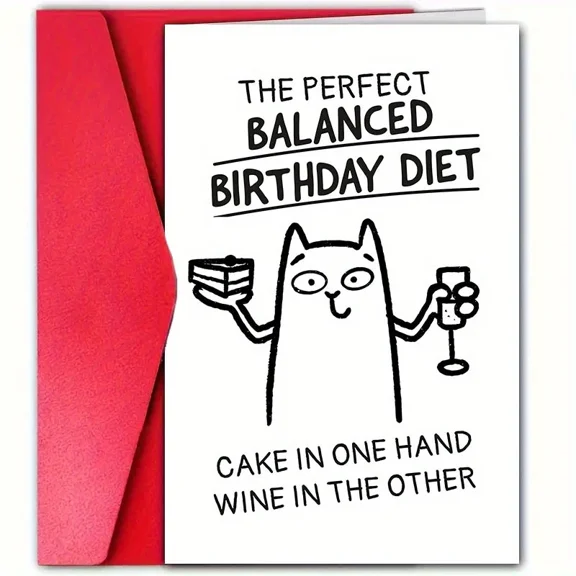 Funny Birthday Card - "The Perfect Balanced Birthday Diet" - Cake and Wine Illustration - Blank Inside with Envelope - Ideal Gift for Friends, Family & Loved Ones