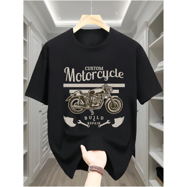 100% Cotton Casual Men's T-Shirt, Short Sleeve Crew Neck Tee with Motorcycle Graphic, Geometric Pattern, Comfortable All-Season Top, Teen Regular Fit - MOTORCYCLE Letter Print Design, Summer Gifts