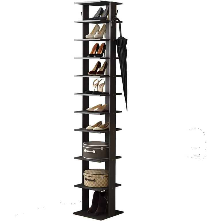 10Tier Vertical Shoe Rack Corner Shoe Tower,Slim W/2 Hanging Hooks,Wooden